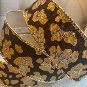 Woven Leopard Print Ribbon - 1.5 Inches X 10 Yards, Wired Edge, Beige/Gold/Black Pattern - View #7