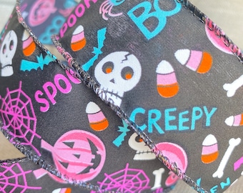 Wire Edged Ribbon, Skull Pumpkins, Spider Web, Bats, Candy Corn, Spooky & BOO, 1.5” Wide, Pink Black Ribbon, Wired Ribbon,