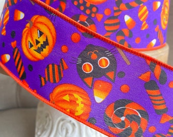 9 Meter Wire Edged Ribbon Purple   Pumpkin Cat Candy, 2.5” Wide,  Halloween Wreath Garland Centrepiece Ribbon, Wired Ribbon, Halloween Witch