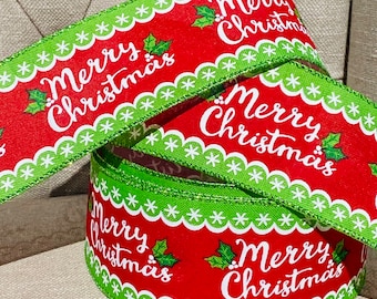 Wire Edged Ribbon Christmas Whimsical - Merry Christmas-  Lime Green & Red,  with Holly and White Stars, 2.5" Wide, Wired Ribbon, Usa Import