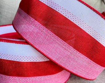 9 Meter Wire Edged Ribbon , 2.5”Wide, Pink Red White Stripe, Christmas Wreath, Garland Ribbon, Gingerbread Theme Ribbon, Wired Ribbon