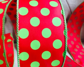 Wire Edged Ribbon Big Polka Dot Red Lime Green 2.5” Wide, Bow Ribbon, Christmas Ribbon, Christmas Tree Ribbon, Wired Ribbon