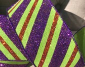 Wire Edged Ribbon Purple Orange glitter stripe on lime green, 2.5 Wide, Perfect Halloween Wreath Garland, Halloween Decor, Wired Ribbon
