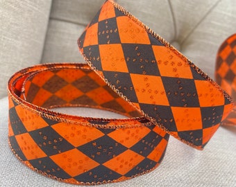 Wire Edge Ribbon, Orange Black Argyle Harlequin Diamond 1.5” Wide, Halloween Wreath Garland Bow Ribbon, Autumn Pumpkin Theme, Wired Ribbon