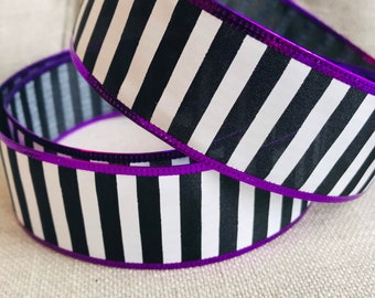 9 Meter Wire Edged Ribbon metallic Purple Edged Stripe Black White Ribbon, 1.5” Wide perfect Combination Ribbon, Wreath, Halloween wreath