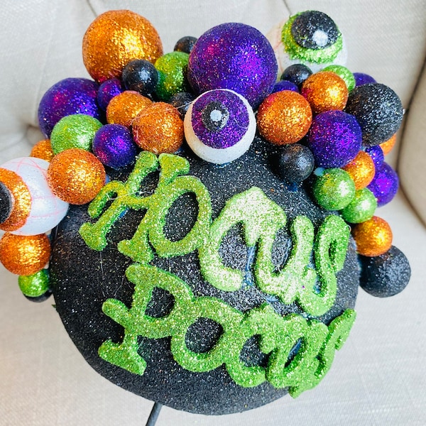 Witches Caldron, Eyeball Pick, Glittering Purple Orange Green 21” Wreath Attachment, Halloween Decoration, Halloween Wreath, Hocus Pocus