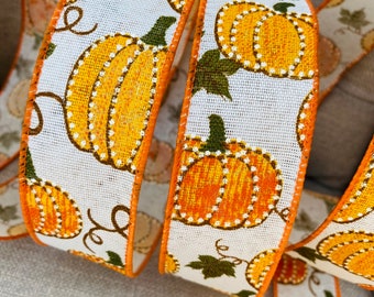 Wire Edged Ribbon, Orange Pumpkins on Beige , 1.5” Wide, Perfect Wreath Garland Centrepiece Bow, Pumpkin Decoration