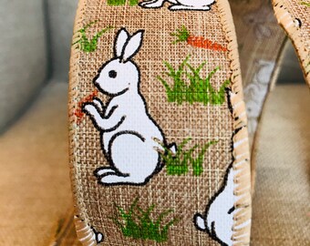 Wire Edged Ribbon Natural Bunny Rabbit Carrot, Ideal Easter Spring Wreath, 1.5” Wide, Wreath Decoration, Easter Bunny, Easter Ribbon