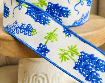 9 Meter Wire Edged Ribbon White With Blue Floral Flowers 1.5” Wide, Wreath Easter Spring Ribbon, Blue Flower, Blue Flower Ribbon, Wired