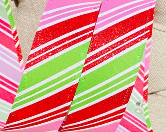 Wire Edged Ribbon Candy Cane, Peppermint, Glitter Red & Lime Green Stripe, 1.5” Wide, Christmas Tree Decoration, Wired Ribbon