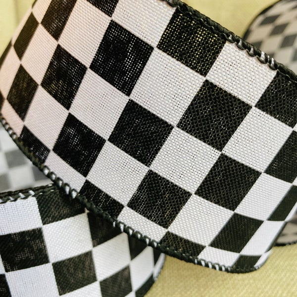 Wire Edged Ribbon Check Black White Checkered Flag , 2.5” Wide, Checkered Ribbon, Black White Check Ribbon, Check Ribbon, Wired Ribbon