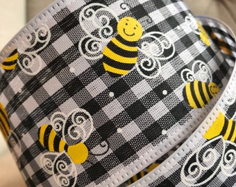 9 Meter Wire Edged Ribbon, Bumblebee On Black White Gingham Check, 2.5” Wide, Perfect Spring summer Wreath Ribbon, Ideal for Bows, Garlands