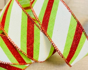 Wire Edged Ribbon Green & Red White Glitter Diagonal Stripe 1.5” , Wreath Ribbon, Christmas Tree Ribbon, Christmas Decoration, Wired Ribbon