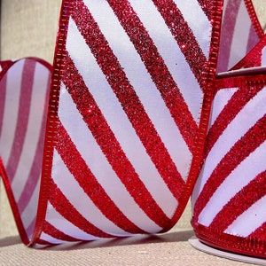 Wire Edged Ribbon Candy Cane, Peppermint, Glitter Red & White Stripe, 2.5”Wide, Christmas Tree Decoration, Candy Cane Ribbon, Glitter Ribbon