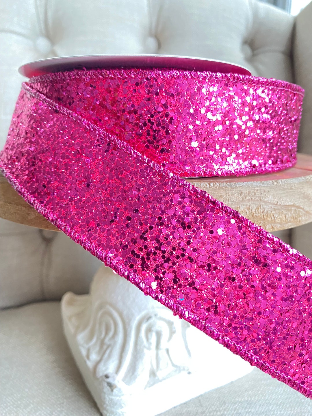 Pink Shiny Ribbon 9 Meter Wire Edged Ribbon Fuchsia Pink Shimmering Glitter 1.5” Wide ...