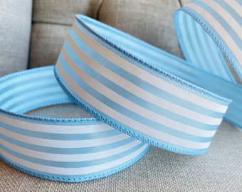 9 Meter Wire Edged Ribbon Baby Blue & White Stripes, 1.5” Wide, Easter Spring Wreath Ribbon, Bow Making, Wired Ribbon U.K.