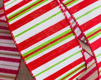 Wired Edge Ribbon Red Lime Green White Stripe, Christmas Decoration, 2.5” Wide sold by the Meter, Ribbon Galore Come Take a Look !