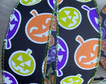 Wire Edged Ribbon, Multi Coloured Pumpkins, Jack o Lanterns Spooky 1.5” Halloween Wreath, Wired Ribbon, Halloween Ribbon, Carved Pumpkin
