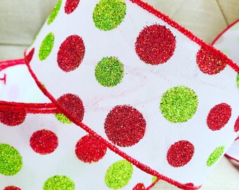 Wire Edged Ribbon Glitter Red Lime Green Polka Dots on a White Backdrop , 2.5” Wide, Christmas Ribbon, Dot Ribbon, Wired Ribbon,