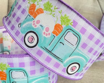 Wire Edged Ribbon, Easter Bunny Truck on Lilac  Check with Carrot Decor, 2.5” Wide, Perfect Easter Spring Wreath Garland Ribbon