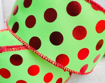 Wire Edged Ribbon Red Metallic Polka Dot on a Lime Green Canvas, 2.5” Wide, Christmas Wreath Ribbon, Christmas Tree Ribbon, Wired Ribbon