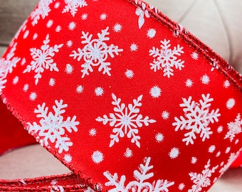 Wire Edged Ribbon, Red Iridescent Glitter 2.5” Wide, Christmas Frozen Snowflakes Wreath Garland, Christmas wired ribbon