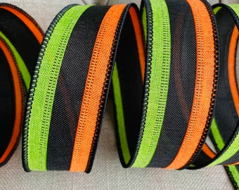 9M Wire Edged Ribbon Lime Green Black Orange Stripe 1.5” Wide, Halloween Wreath garland bow Ribbon, Wired Ribbon, Halloween Party Decoration