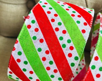 9 Meter Wire Edged Ribbon, Lime Green and Red Polka Dots with a Candy Cane Stripe, Wreath Garland Bow Christmas Decorations, Wired Ribbon