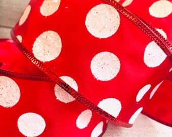 Big Polka Dot Wire Edged Ribbon Bright Red With Glitter White Dots 2.5” Wide, Christmas Wreath Garland Centrepiece gift Wrap, Wired Ribbon