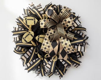 Black and Gold Football Wreath | Glitter Deco Mesh Front Door Decor | Sports Fan Maximalist Bow Wreath