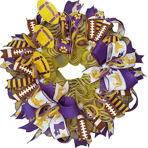 Handmade Football Themed Wreath - LSU Colors, Purple & Gold Sports Decor, Perfect Game Day, Tailgate Party, Door Decoration, Football Fans