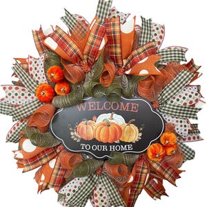 Handmade Fall Pumpkin Wreath: Burlap Ribbon, Rustic Welcome Sign