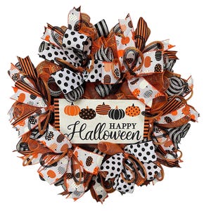 Handmade Halloween Wreath: Orange, Black Polka Dot Ribbon, Pumpkin Decor