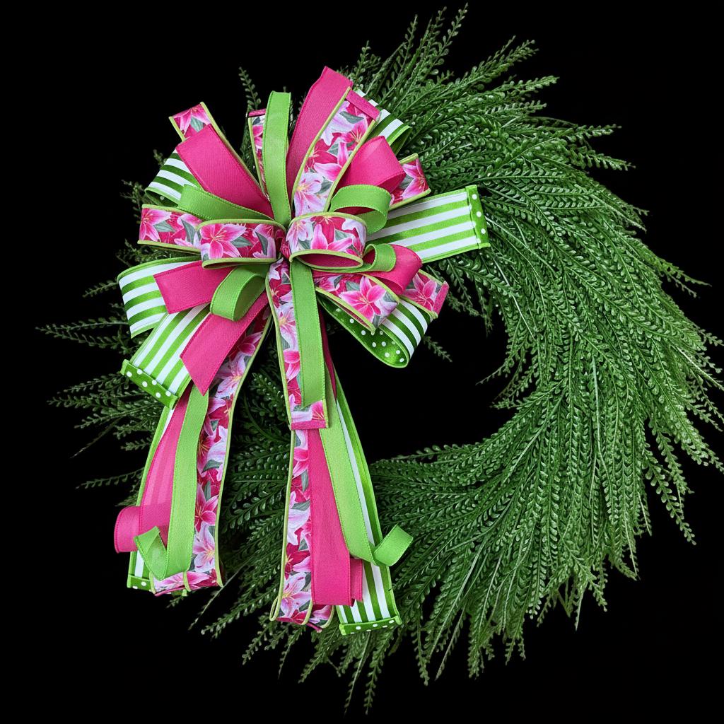 Pink Lime Green Floral Ribbon Wreath | Spring Summer Door Decor - Etsy