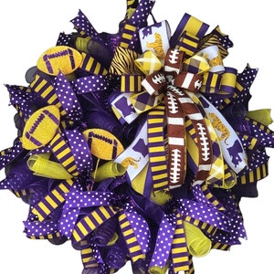 LSU Tigers Football Wreath - Purple and Gold Ribbon Wreath - Handmade Sports Wreath - Game Day Decor - Football Fan Door Hanger