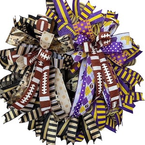Handmade Football Themed Wreath, LSU Tigers and New Orleans Saints Door Decor, Purple and Gold Football Wreath, Sports Fan Wreath