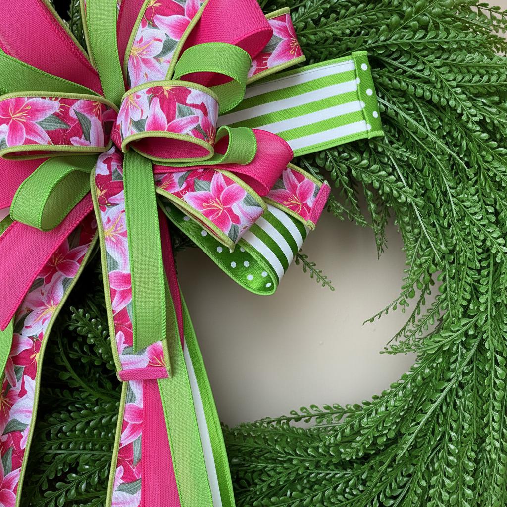 Pink Lime Green Floral Ribbon Wreath | Spring Summer Door Decor - Etsy