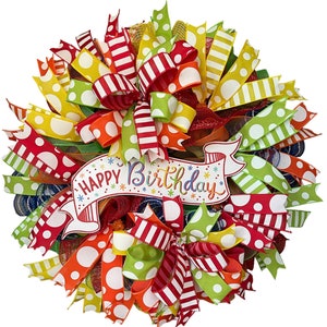 Happy Birthday Wreath - Colorful Ribbon Polka Dot Deco Mesh Birthday Party Door Decoration”
