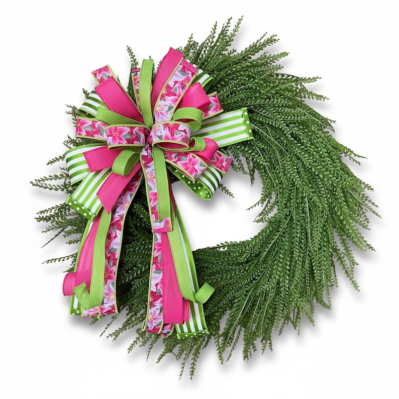 Pink Lime Green Floral Ribbon Wreath | Spring Summer Door Decor - Etsy