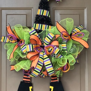 Handmade Halloween Witch Wreath – Striped Ribbon, Witch Legs, Hat, Front Door Decor, Spooky Halloween Decoration