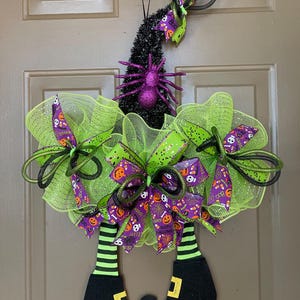 Handmade Halloween Witch Wreath: Striped Ribbon & Leg Decor
