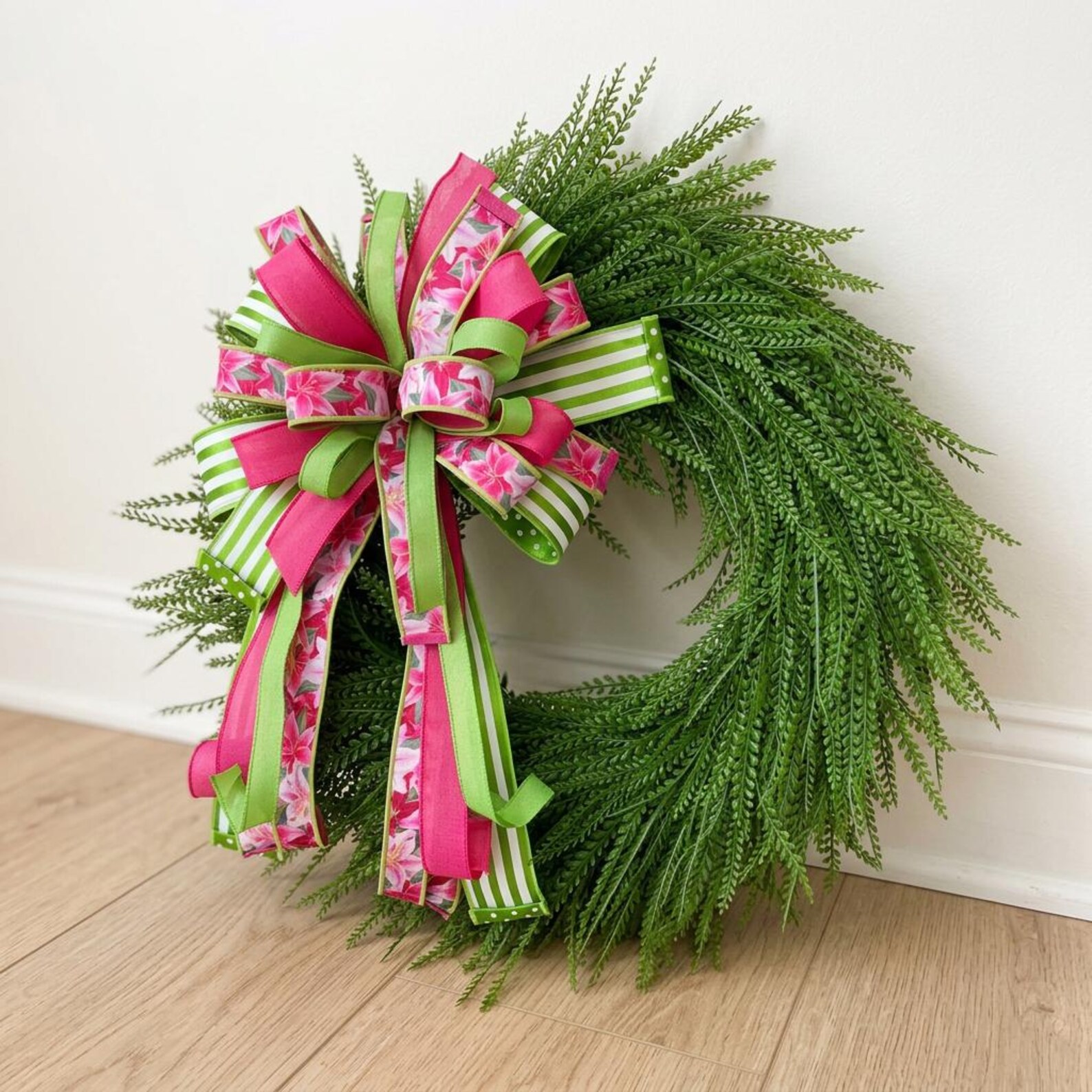 Pink Lime Green Floral Ribbon Wreath | Spring Summer Door Decor - Etsy