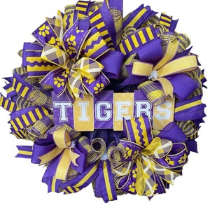 LSU Tigers Wreath - Purple and Gold Ribbon Wreath - College Team Spirit Door Decor - Handmade Sports Fan Gift - Front Door Decoratio