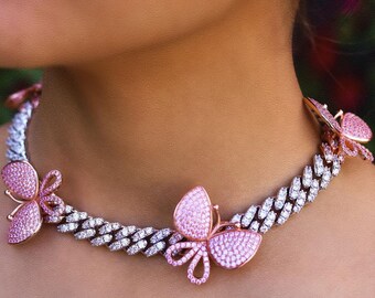 Chain Pink Butterfly Choker Necklace - Etsy