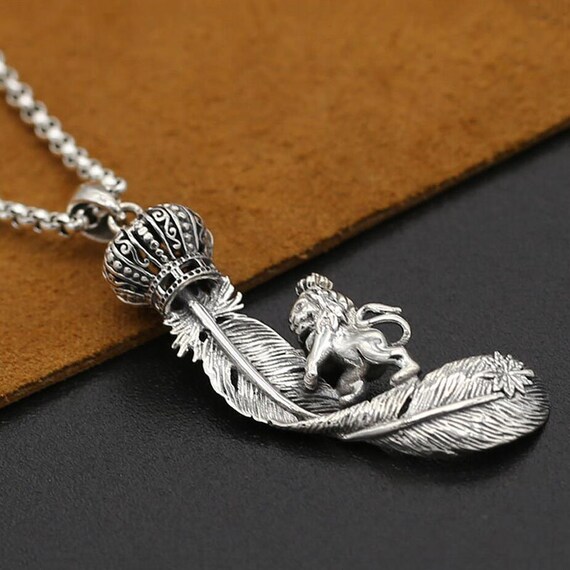 Crown Lion Eagle Feather Pendant Real 925 Sterling Silver - Silver Eagle Feather Pendant Crown Lion Eagle Feather Pendant Real 925 Sterling Silver - Silver Eagle Feather Pendant