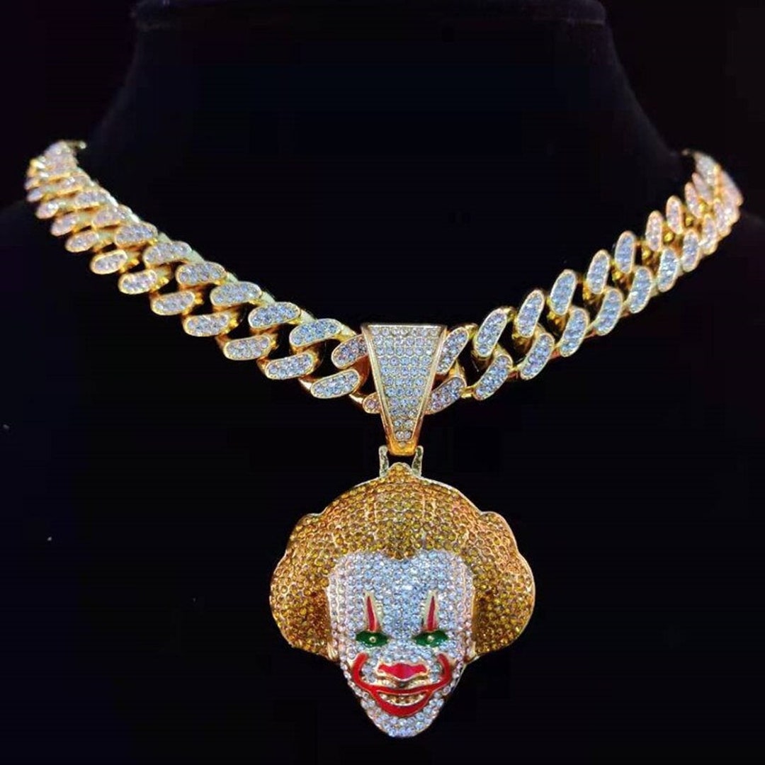 Men's Big Clown Pendant Necklace 2 Color Rhinestone Hip Hop Jewelry