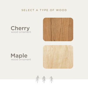 May include: An image with the text "SELECT A TYPE OF WOOD" at the top. Below are two wood samples: Cherry and Maple. The Cherry sample is a reddish-brown colour, and the Maple sample is a light beige colour. The words "wood ornament" are below each wood type.