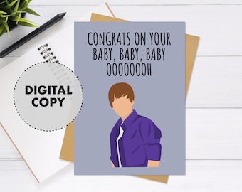Cartão de bebê Justin Bieber para impressão - cartão de felicitações fofo e exclusivo, cartão de chá de bebê, cartão de gravidez, parabéns