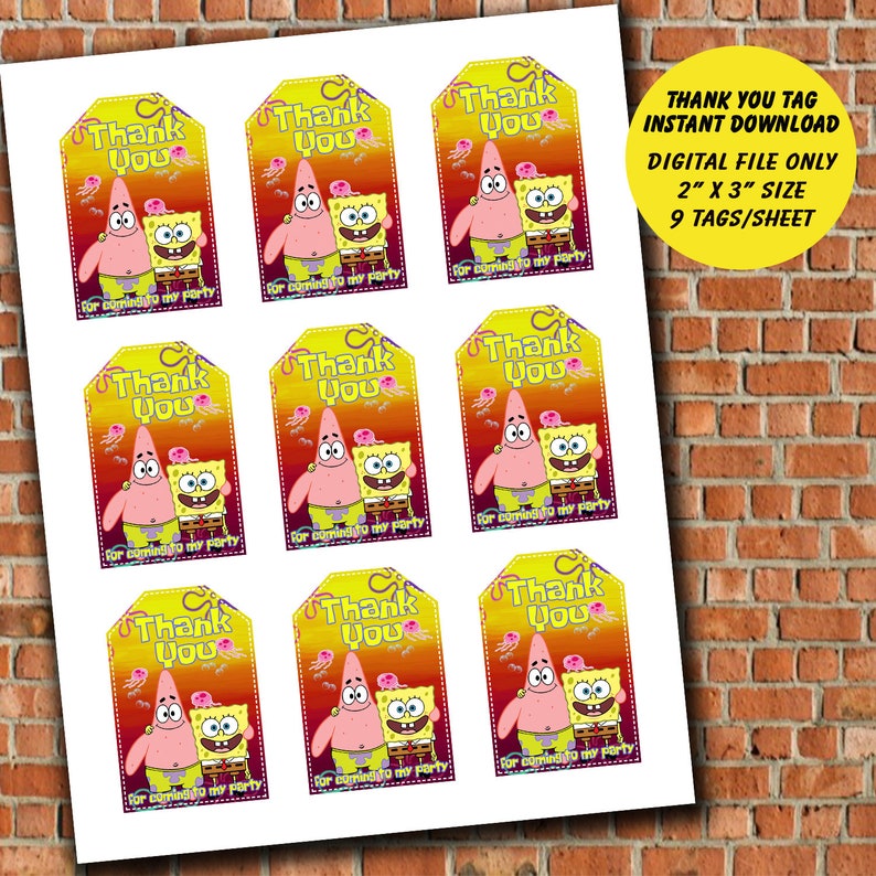 Printable Spongebob Favor Tag Spongebob Thank You Tag Etsy