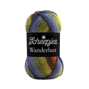 May include: A ball of Scheepjes Wanderlust yarn in a multi-colored gradient of blue, green, brown, and orange.